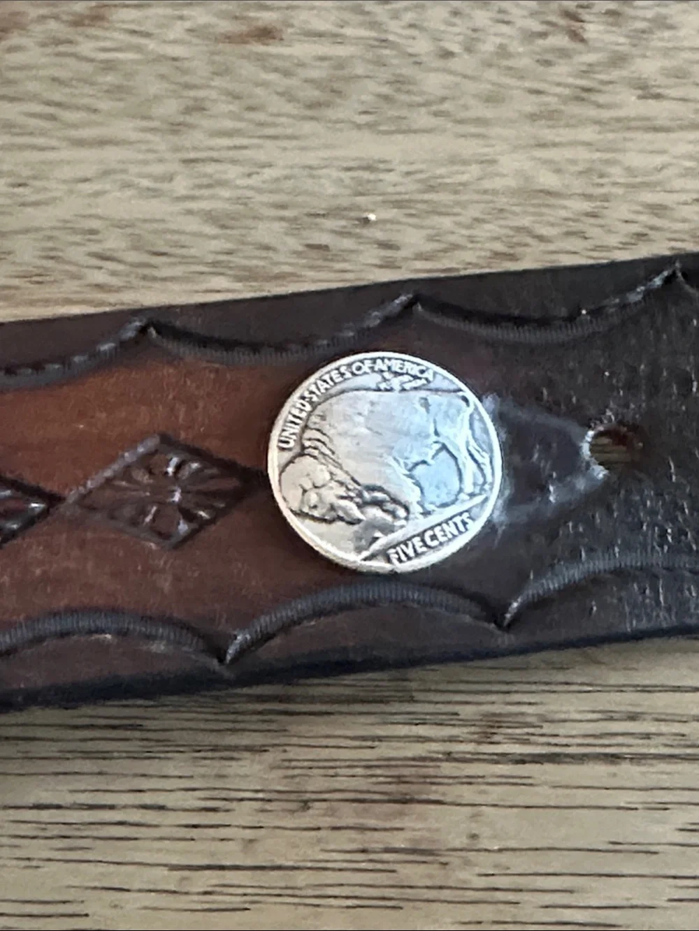 Country Western leather cowboy belt w buckle piranha fish buffalo nickel 44” new